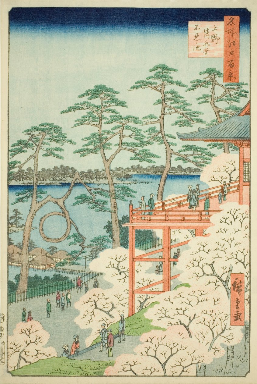 Kiyomizu Hall and Shinobazu Pond at Ueno (Ueno Kiyomizudo Shinobazu no ike), nr 11 z serii "One Hundred Famous Views of Edo (Meisho Edo hyakkei)". autorstwa Utagawa Hiroshige