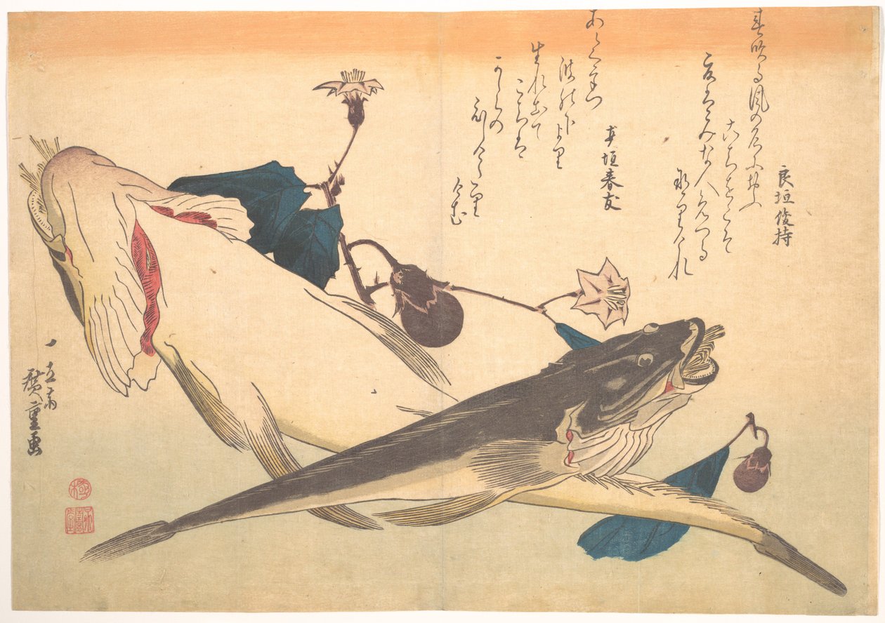 Ryba kochi z bakłażanem, z serii Uozukushi (Wszystkie odmiany ryb) autorstwa Utagawa Hiroshige