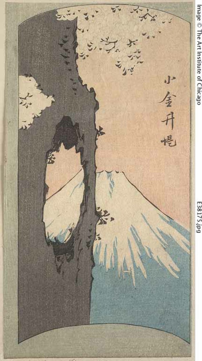 Koganei, fragment arkusza z serii "Wycinane obrazy znanych miejsc w Edo (Edo meisho harimaze zue)" autorstwa Utagawa Hiroshige