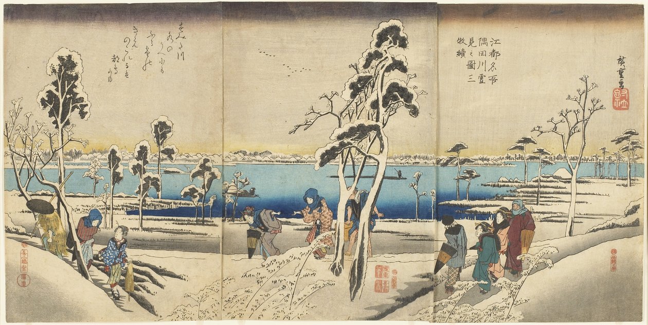 Koto meisho Sumida-gawa yuki-mi no zu san-mai tsuzuki autorstwa Utagawa Hiroshige