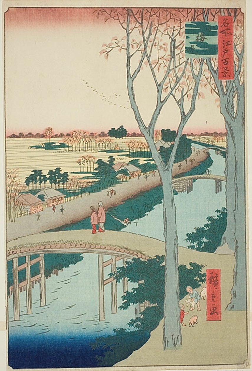 Koume Embankment (Koumezutsumi), nr 104 z serii "Sto słynnych widoków Edo (Meisho Edo hyakkei)". autorstwa Utagawa Hiroshige
