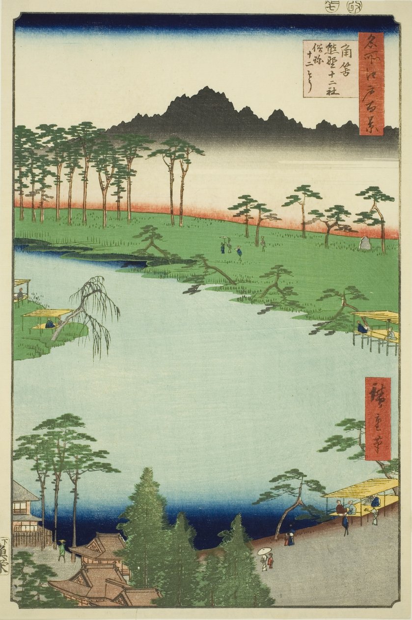 Świątynia Kumano Junisha w Tsunohazu, popularnie znana jako Juniso (Tsunohazu Kumano Junisha, zokusho Juniso), z serii „Sto słynnych widoków Edo (Meisho Edo hyakkei)” autorstwa Utagawa Hiroshige