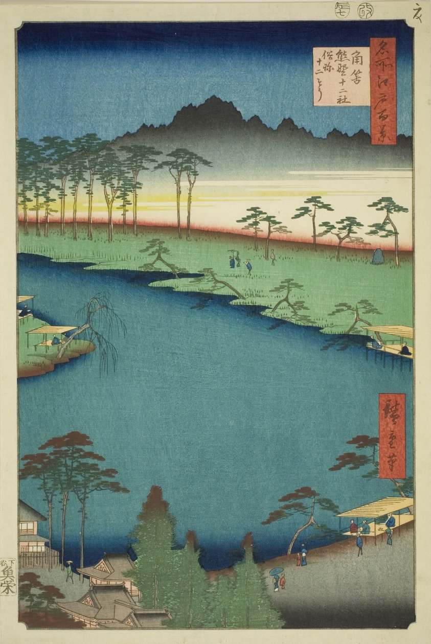Świątynia Kumano Junisha w Tsunohazu, popularnie znana jako Juniso (Tsunohazu Kumano Junisha, zokusho Juniso), z serii „Sto słynnych widoków Edo (Meisho Edo hyakkei)” autorstwa Utagawa Hiroshige