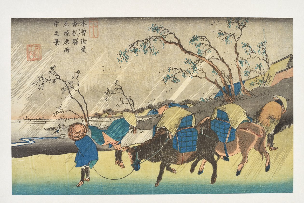 Kutsukake: Widok deszczu nad równiną Hiratsuka, z serii „69 stacji Kisokaidō” autorstwa Utagawa Hiroshige