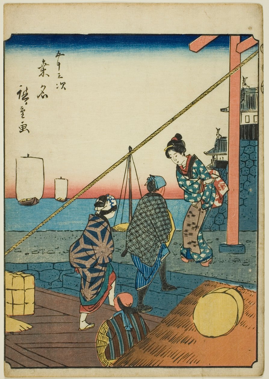 Kuwana, z serii „pięćdziesiąt trzy brzmienia Stachi” „miejskości” (następna Goshuyama) ) autorstwa Utagawa Hiroshige