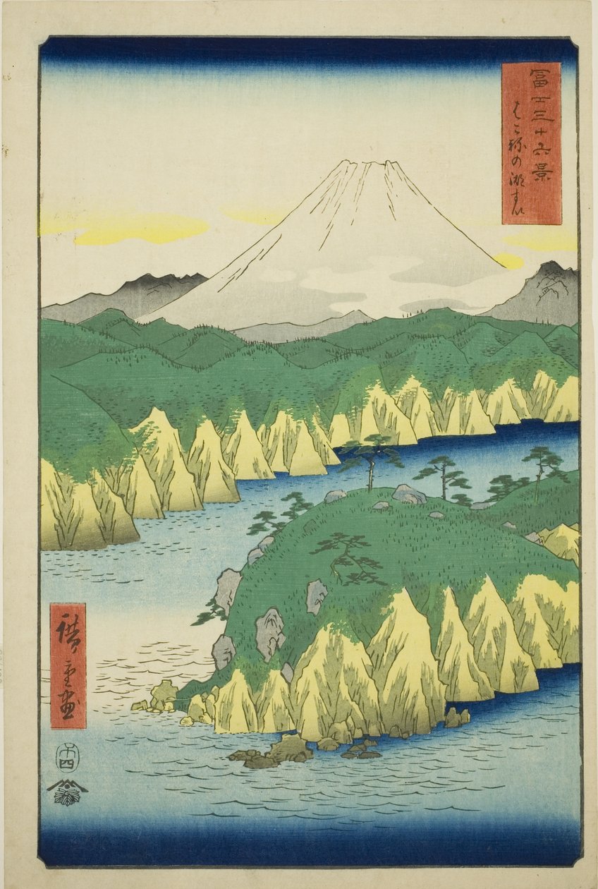Jezioro w Hakone (Hakone no kosui), z serii „Trzydzieści sześć widoków na górę Fuji (Fuji sanjurokkei)” autorstwa Utagawa Hiroshige