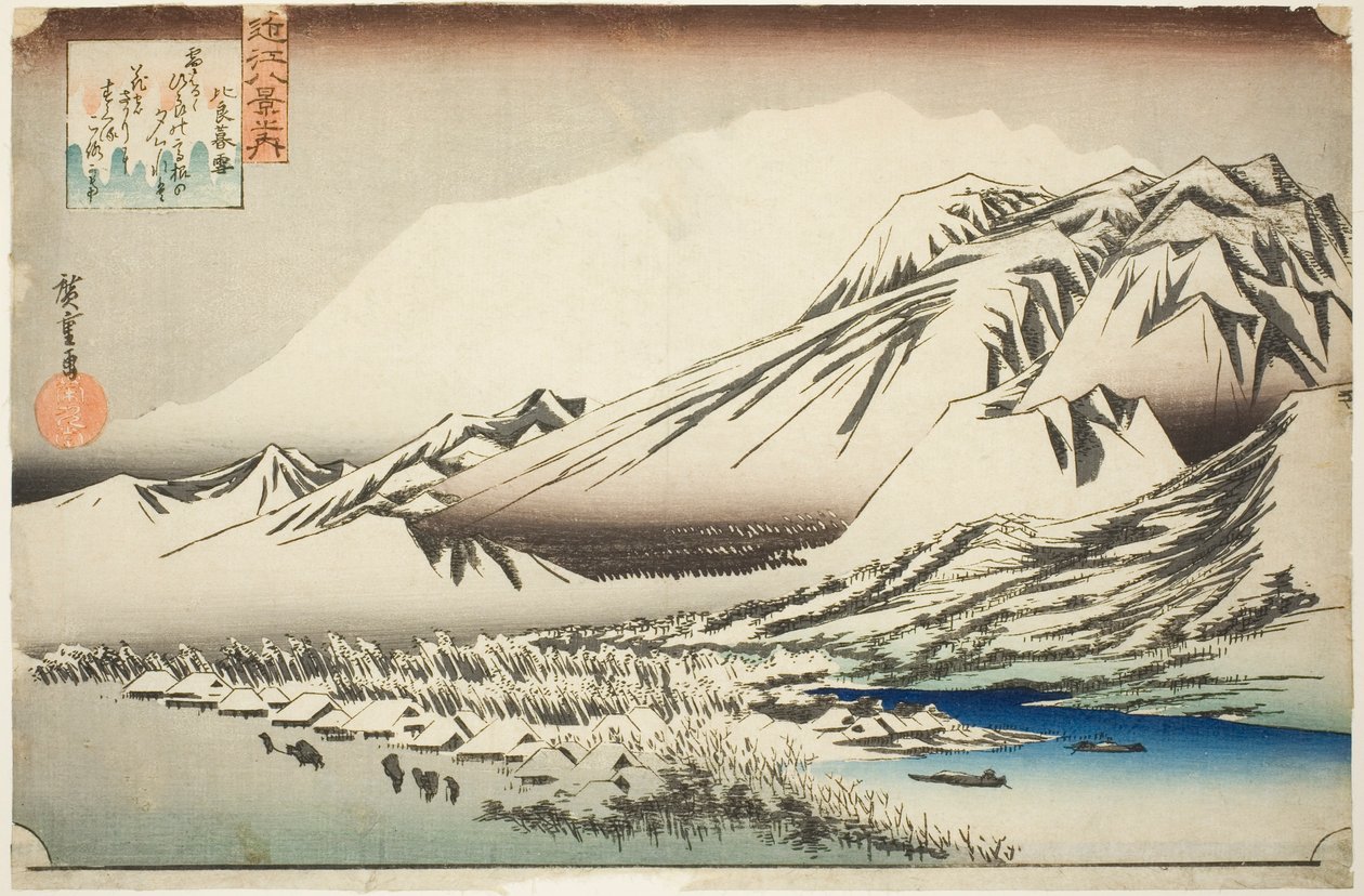 Utrzymujący się śnieg na górze Hira (Hira no bosetsu), z serii „Osiem widoków prowincji Omi (Omi hakkei no uchi)” autorstwa Utagawa Hiroshige