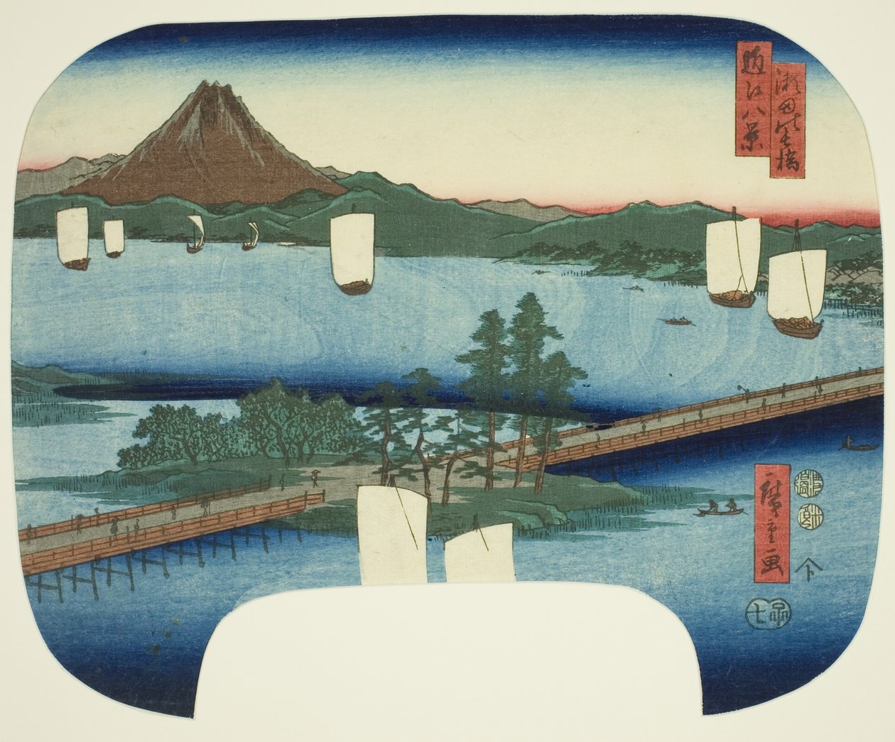 Długi most w Seta (Seta no nagahashi), z serii „Osiem widoków Omi (Omi hakkei)” autorstwa Utagawa Hiroshige