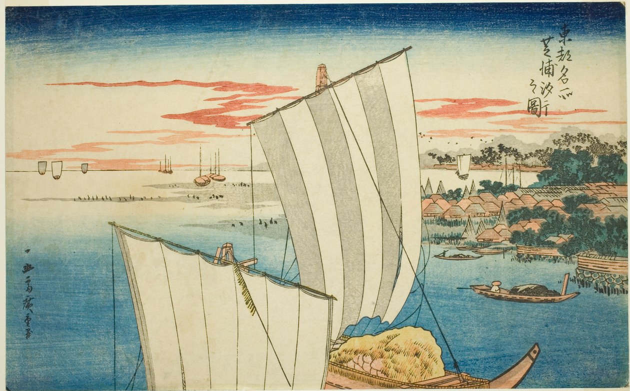 Odpływ w Shibaura (Shibaura shiohi no zu), z serii „Słynne widoki na wschodnią stolicę (Toto meisho)” autorstwa Utagawa Hiroshige
