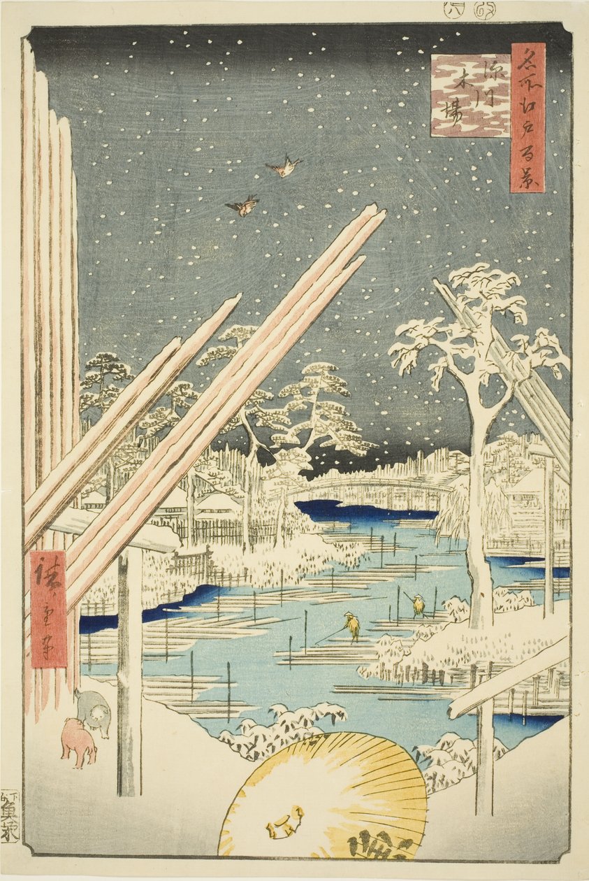 Um Bella jedzie w Fukagawa (Fukagawa Kiba), z serii „Ridge dre d fa net z widokiem na Edo (Sto słynnych widoków Edo)” autorstwa Utagawa Hiroshige