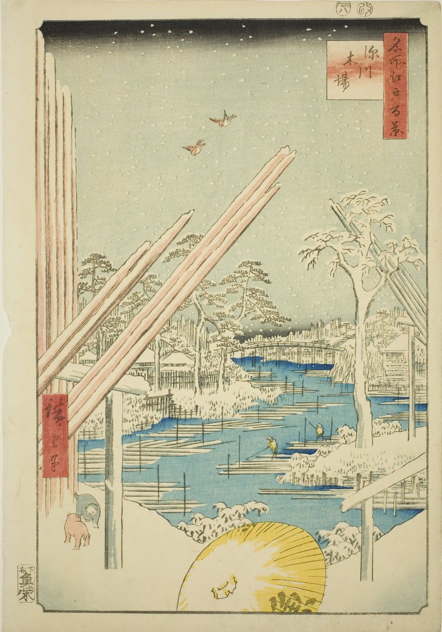 Um Bella jedzie w Fukagawa (Fukagawa Kiba), z serii „Ridge dre d fa net z widokiem na Edo (Sto słynnych widoków Edo)” autorstwa Utagawa Hiroshige