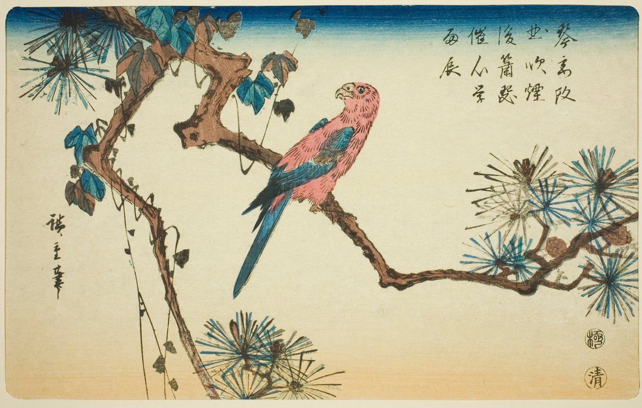 Ara na gałęzi sosny autorstwa Utagawa Hiroshige