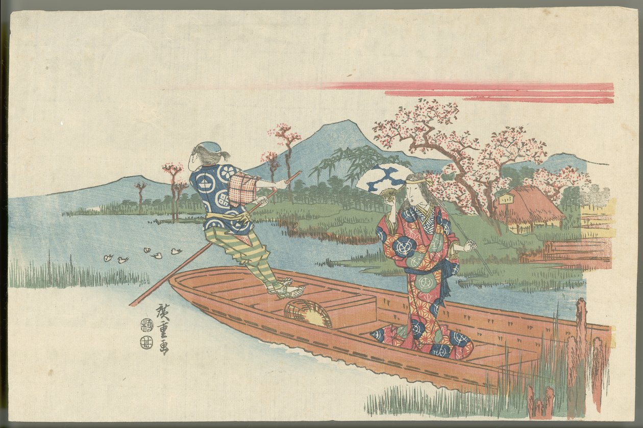 Szalona kobieta na promie w pobliżu świątyni Mokubōji (scena ze sztuki nō Sumidagawa) autorstwa Utagawa Hiroshige