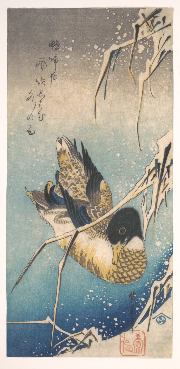 Krzyżówka i pokryte śniegiem trzciny autorstwa Utagawa Hiroshige