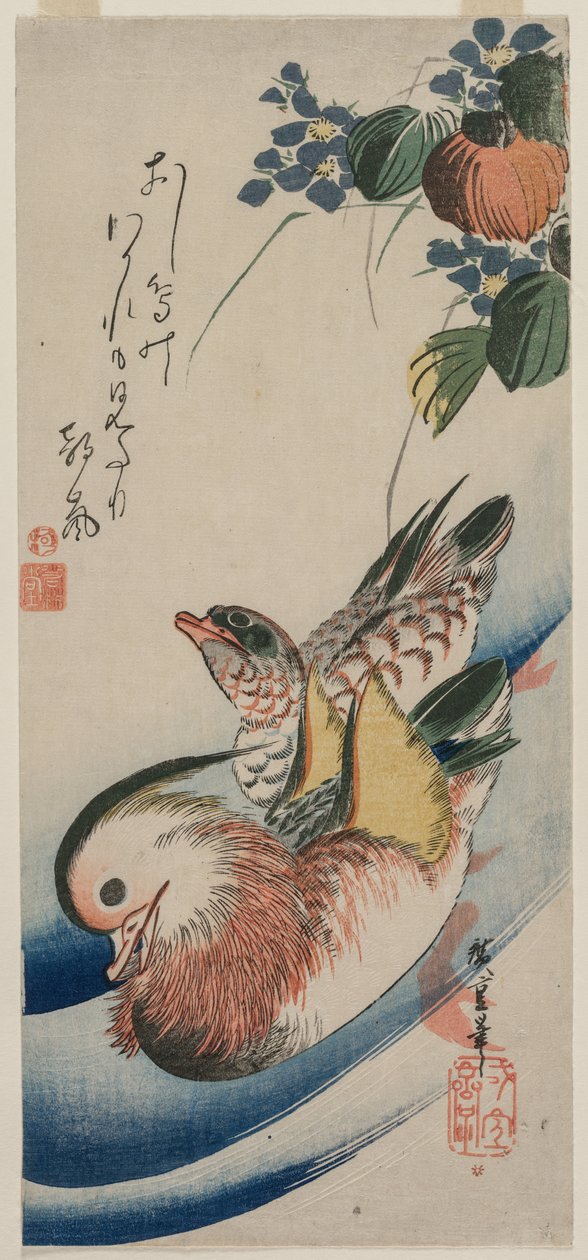 Kaczki mandarynki i rośliny kwitnące autorstwa Utagawa Hiroshige
