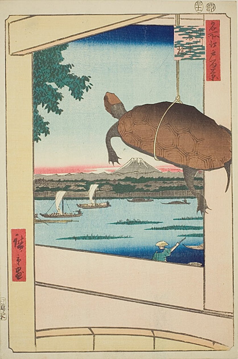 Most Mannen, Fukagawa (Fukagawa Mannenbashi), nr 56 z serii "Sto słynnych widoków Edo (Meisho Edo hyakkei)". autorstwa Utagawa Hiroshige