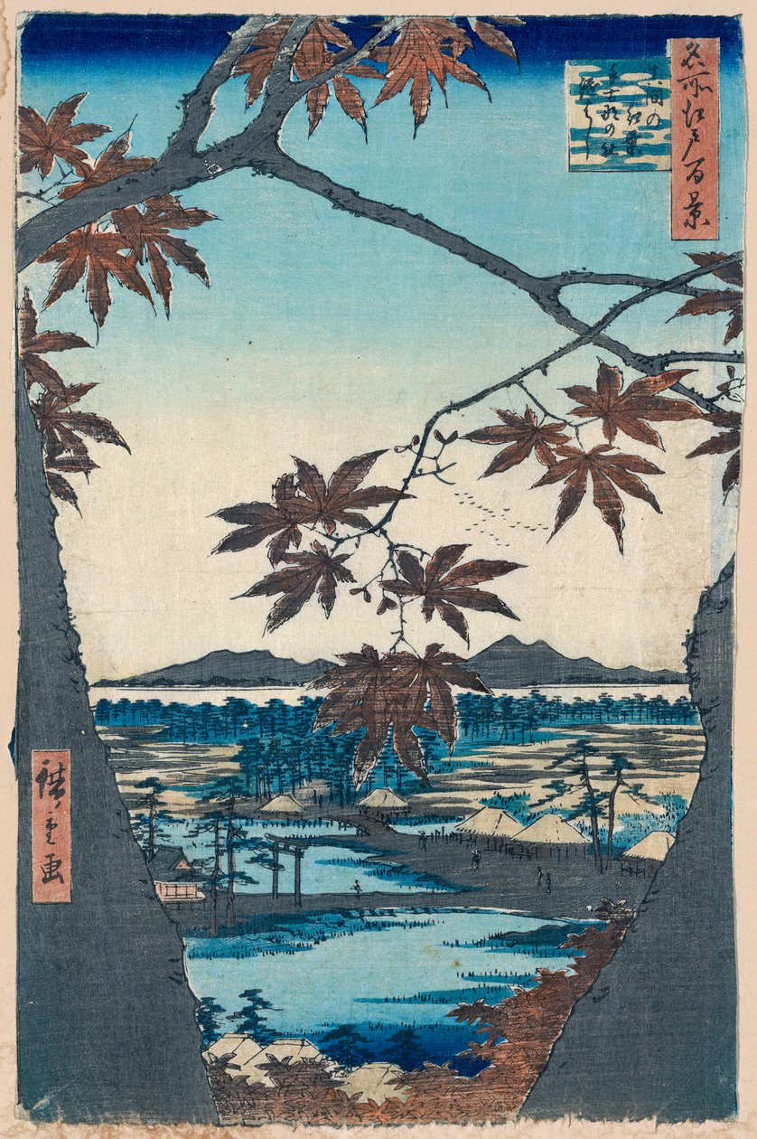 Liście klonu i świątynia i most Tekona w Mama, 1856-1858. autorstwa Utagawa Hiroshige