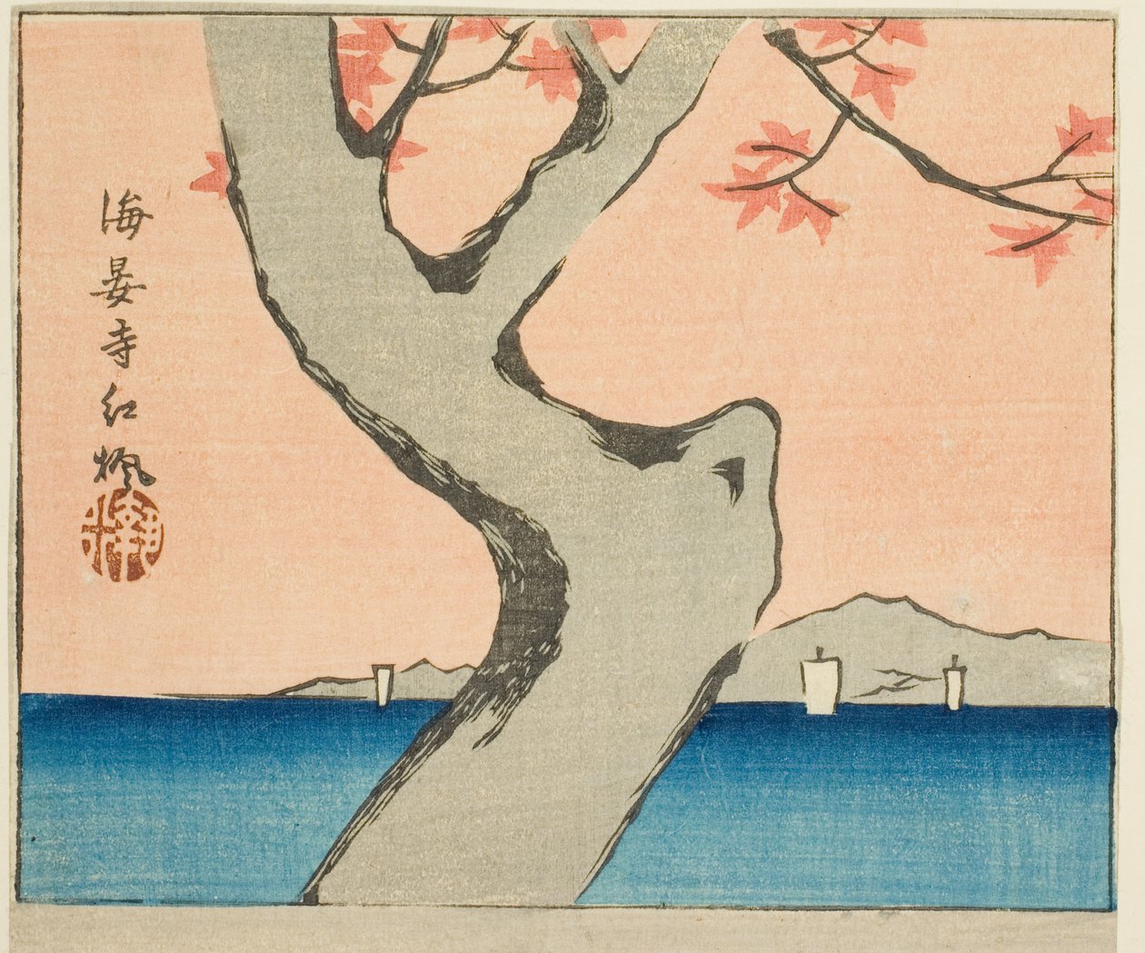 Liście klonu w świątyni Kaian (Kaianji benikaede), fragment arkusza z serii „Wycinane obrazki znanych miejsc w Edo (Edo meisho harimaze zue)” autorstwa Utagawa Hiroshige