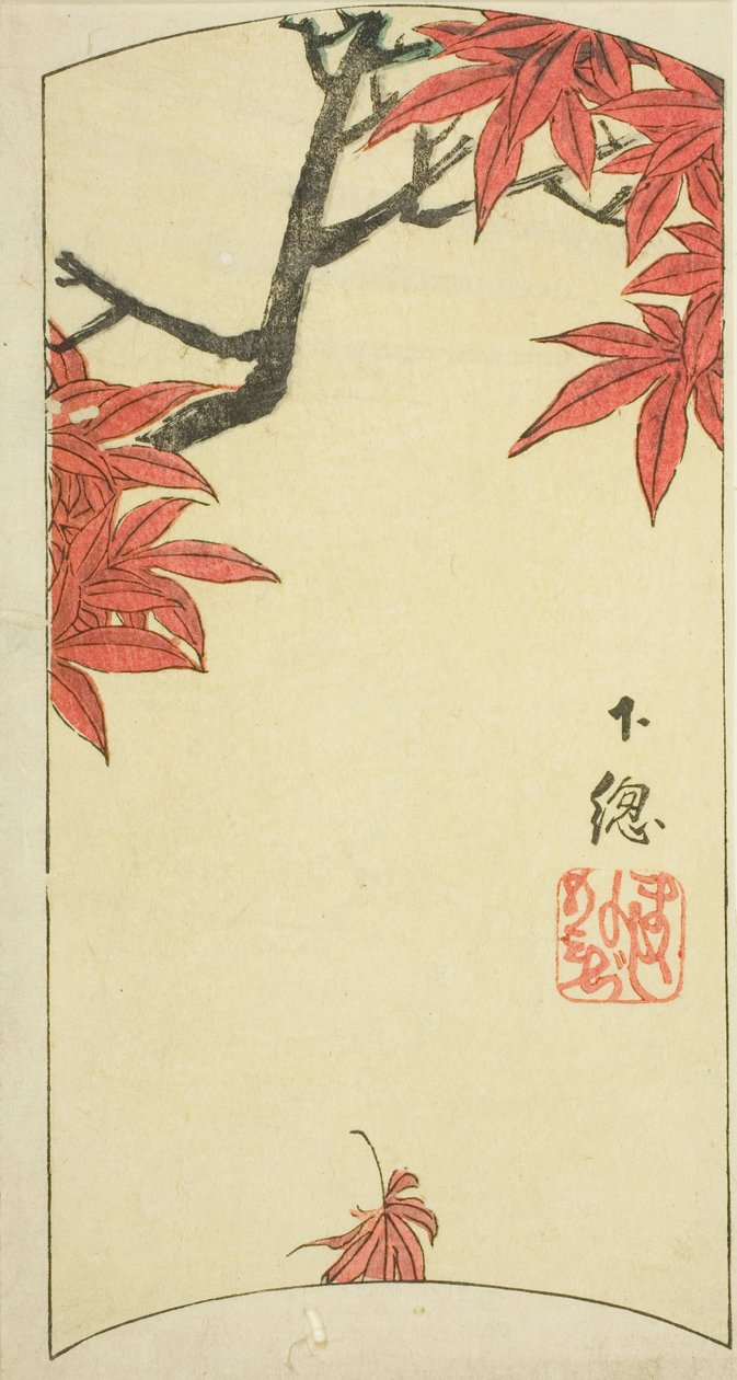 Liście klonu w prowincji Shimosa (Shimosa, momiji), część arkusza nr. 7 z cyklu "Wycinane obrazy prowincji (Kunizukushi harimaze zue)" autorstwa Utagawa Hiroshige