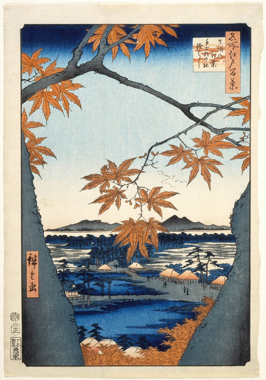 Klony w Mama, świątynia Tekona i most łączący autorstwa Utagawa Hiroshige