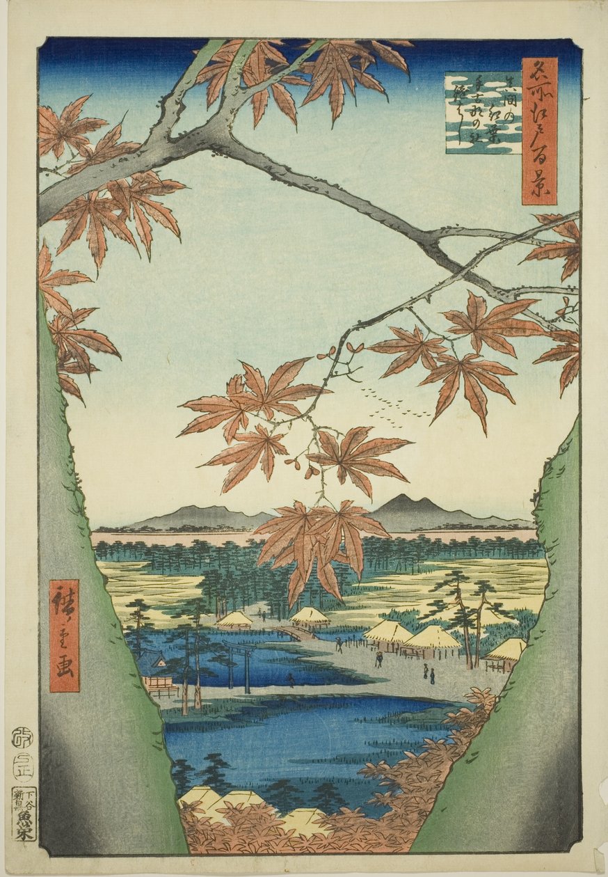 Klony w Mama, Tekona Shrine i Tsugi Bridge (Mama no momiji, Tekona no yashiro, Tsugihashi), z serii „Sto słynnych widoków Edo (Meisho Edo hyakkei)” autorstwa Utagawa Hiroshige