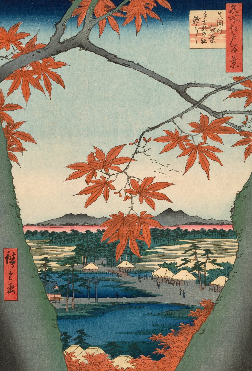 Klony w Mama, Tekona Shrine i Tsugi Bridge (Mama no momiji, Tekona no yashiro, Tsugihashi), z serii „Sto słynnych widoków Edo (Meisho Edo hyakkei)” autorstwa Utagawa Hiroshige