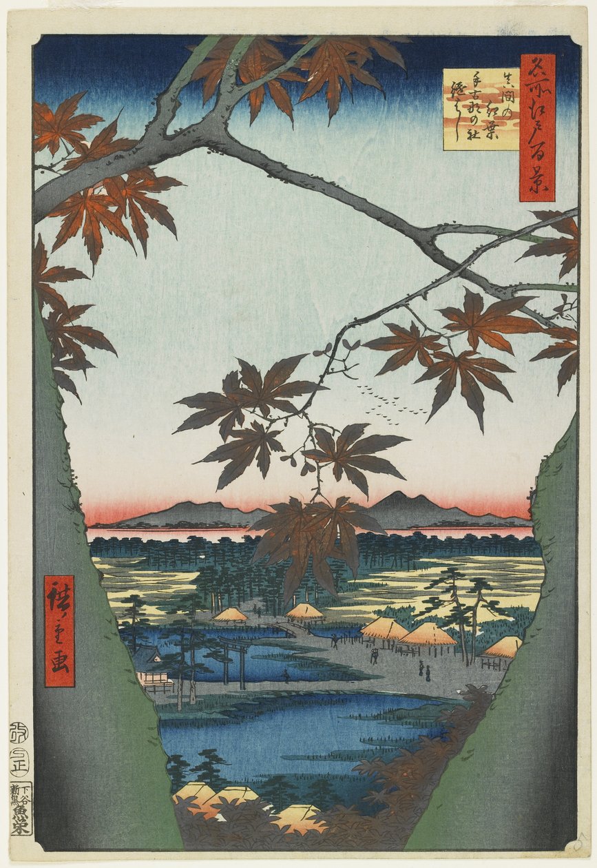 Klon w Mama z widokiem na świątynię i most Tekona, styczeń 1857 autorstwa Utagawa Hiroshige