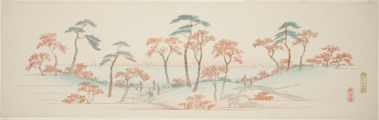 Klony w świątyni Kaianji (Kaianji koyo), z serii bez tytułu słynnych widoków na przedmieścia Edo autorstwa Utagawa Hiroshige