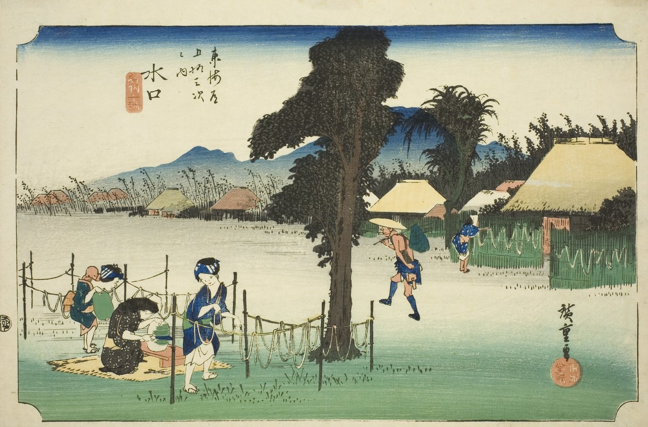 Minakuchi: Suszone wióry z tykwy, lokalna specjalność (Minakuchi, meibutsu kanpyo), z serii „Pięćdziesiąt trzy stacje Tokaido (Tokaido gojusan tsugi no uchi),” znanej również jako Hoeido Tokaido autorstwa Utagawa Hiroshige