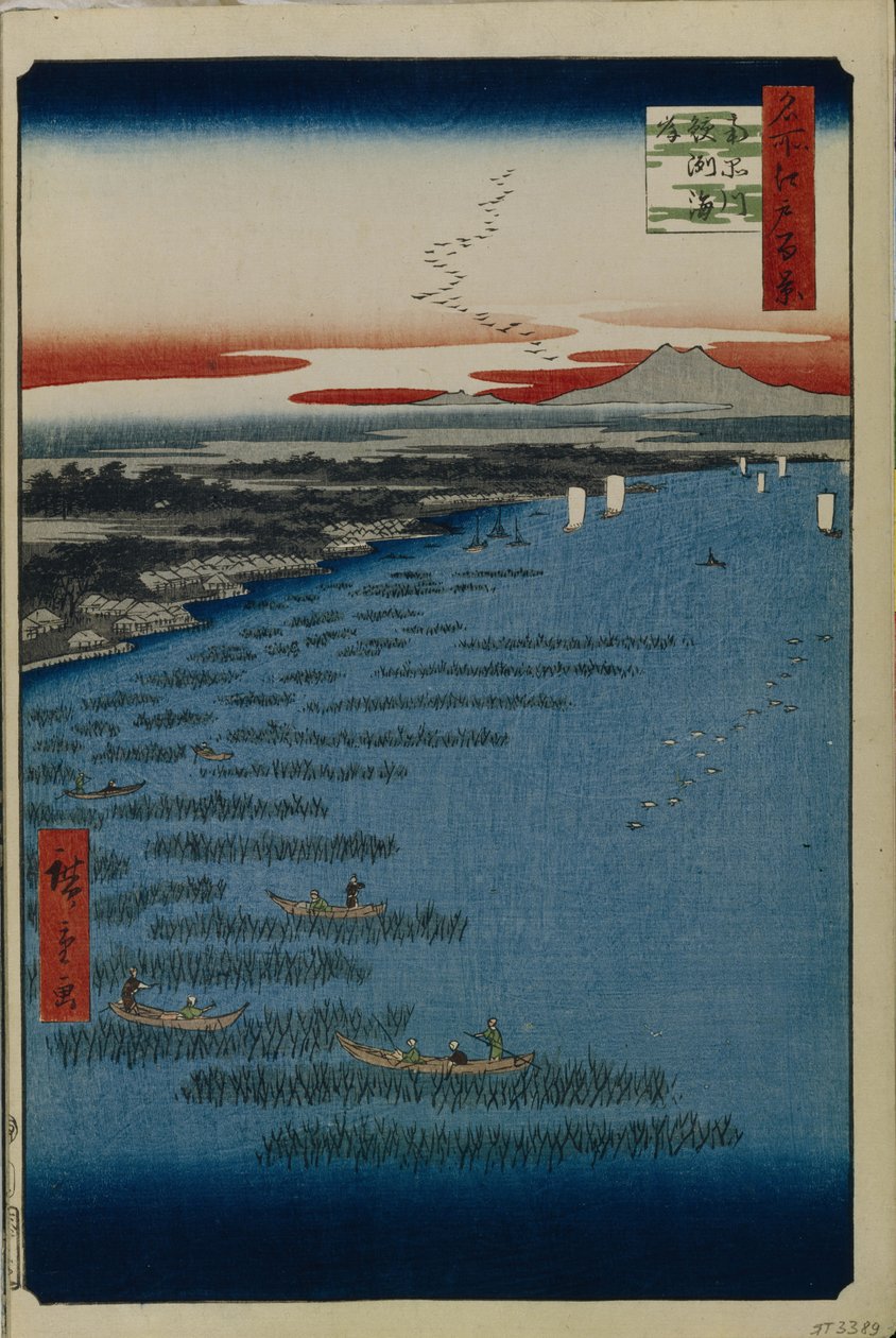 Plan Minamishinagawy d Samezu rdzeń st gałąź kalenicy d czerwona siatka wachlarzowa s Widoki na Edo, 1856-1858 autorstwa Utagawa Hiroshige