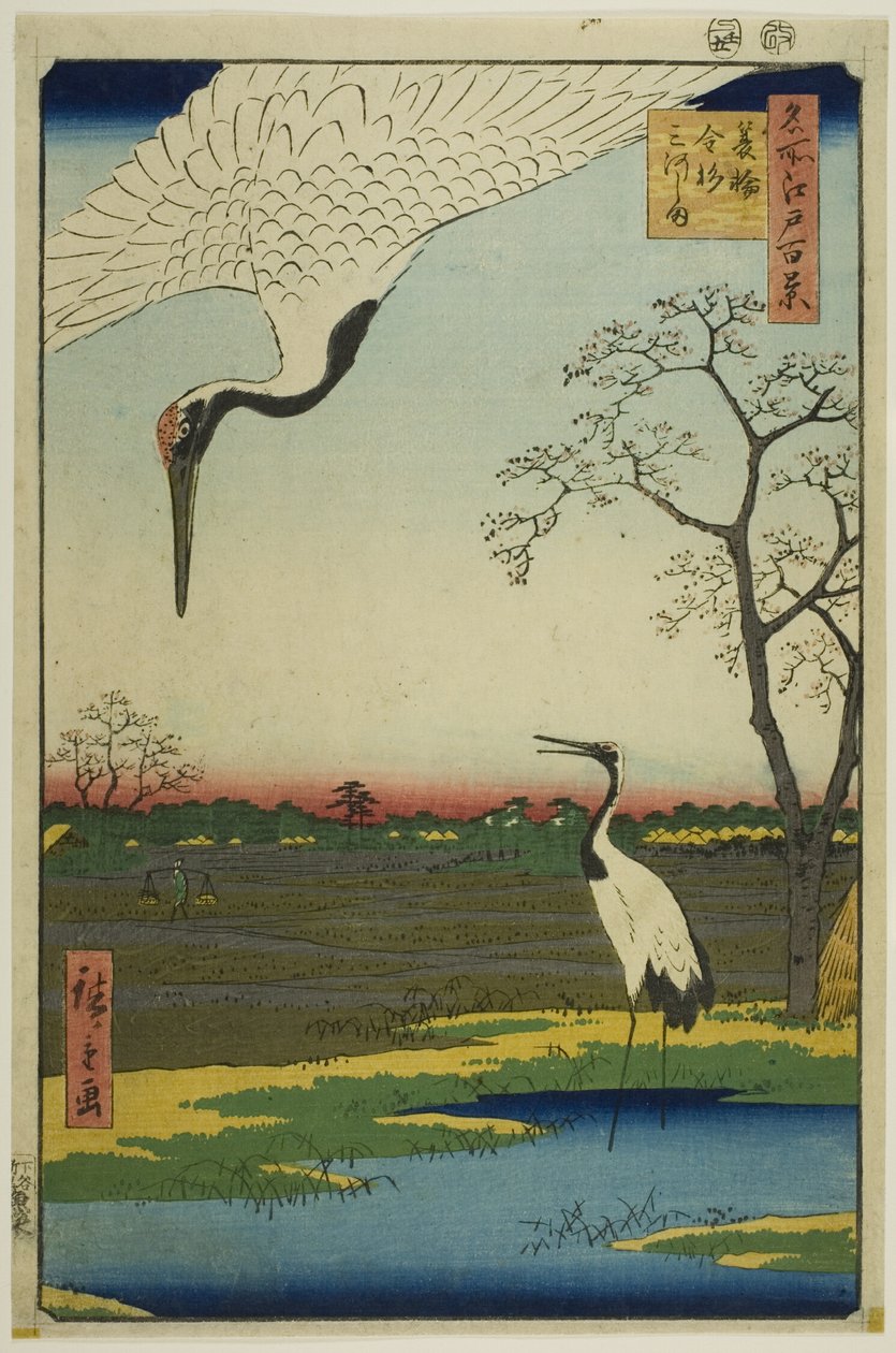 Minowa, Kanasugi, Mikawashima, z serii "Sto słynnych widoków Edo (Meisho Edo hyakkei)". autorstwa Utagawa Hiroshige