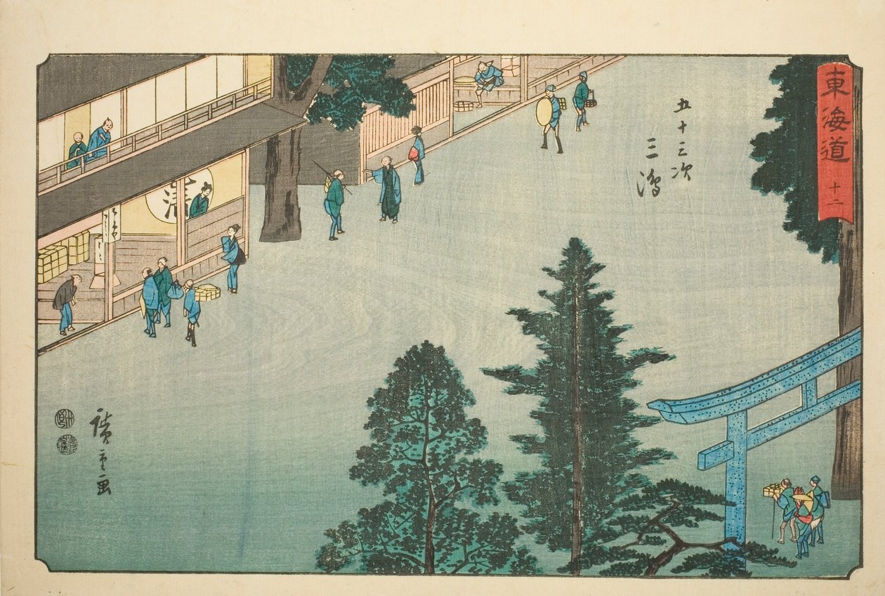 Mishima — nie. 12, z serii „Pięćdziesiąt trzy stacje Tokaido (Tokaido gojusan tsugi),” znanej również jako Reisho Tokaido autorstwa Utagawa Hiroshige