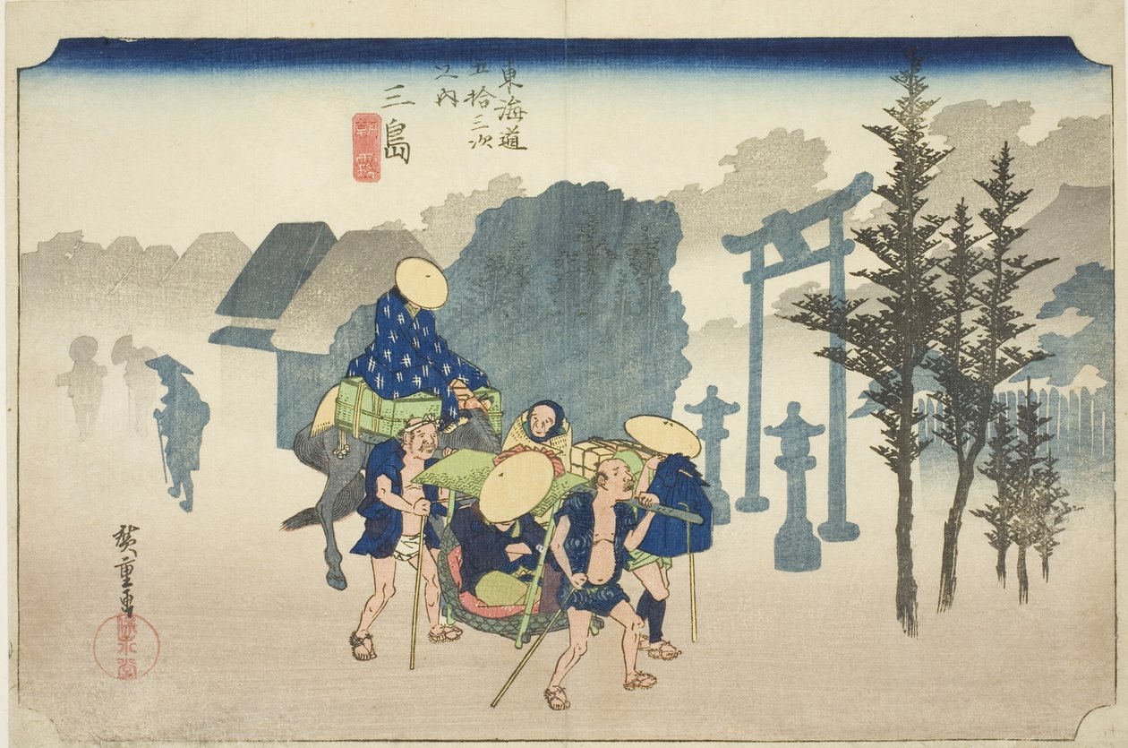 Mishima: Poranna Mgła (Mishima, asagiri), z serii „Pięćdziesiąt trzy stacje drogi Tokaido (Tokaido gojusan tsugi no uchi),” znanej również jako Hoeido Tokaido autorstwa Utagawa Hiroshige