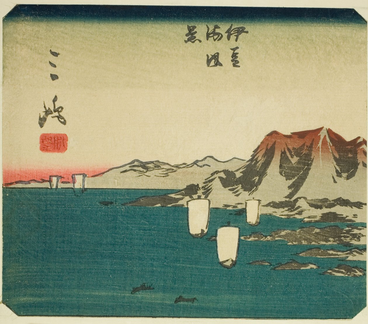 Mishima, część arkusza nr. 3 z serii "Wycinane obrazy Tokaido (Tokaido harimaze zue)" autorstwa Utagawa Hiroshige