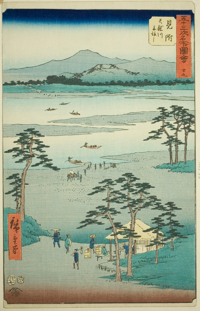 Mitsuke: Prom na rzece Tenryu (Mitsuke, Tenryugawa funewatashi), nr 29 z serii „Słynne zabytki pięćdziesięciu trzech stacji (Gojusan tsugi meisho zue),” znany również jako Vertical Tokaido autorstwa Utagawa Hiroshige