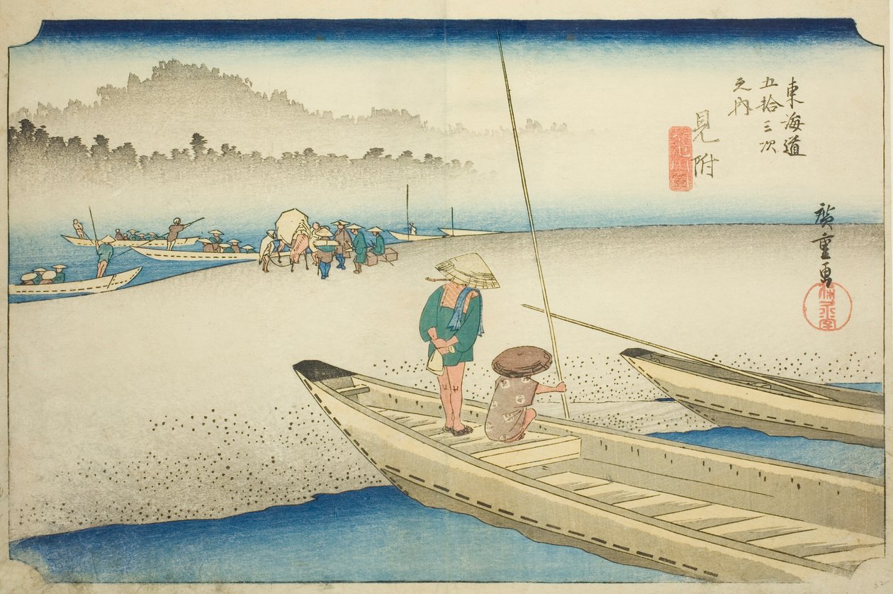 Mitsuke: Tenryu River View (Mitsuke, Tenryugawa zu), z serii „Pięćdziesiąt trzy stacje Tokaido (Tokaido gojusan tsugi no uchi),” znany również jako Hoeido Tokaido autorstwa Utagawa Hiroshige