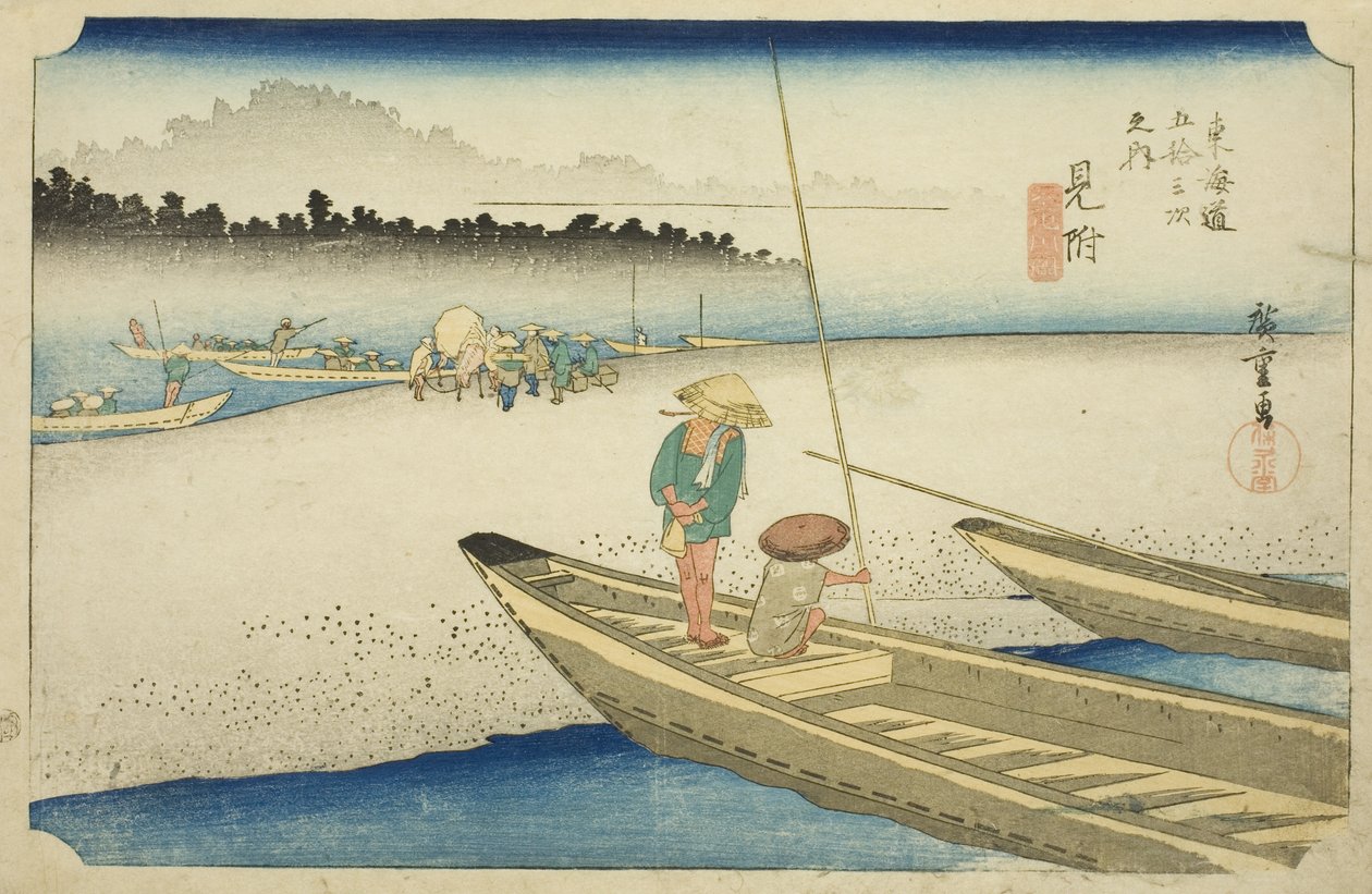 Mitsuke: Widok na rzekę Tenryu (Mitsuke, Tenryugawa zu), z serii „Pięćdziesiąt trzy stacje Tokaido (Tokaido gojusan tsugi no uchi),” znany również jako Hoeido Tokaido autorstwa Utagawa Hiroshige