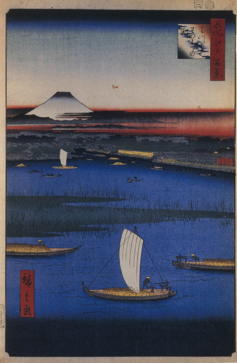 Krawędź trójzębnego grzbietu d-red fanet s Views of Edo, 1856-1858 autorstwa Utagawa Hiroshige