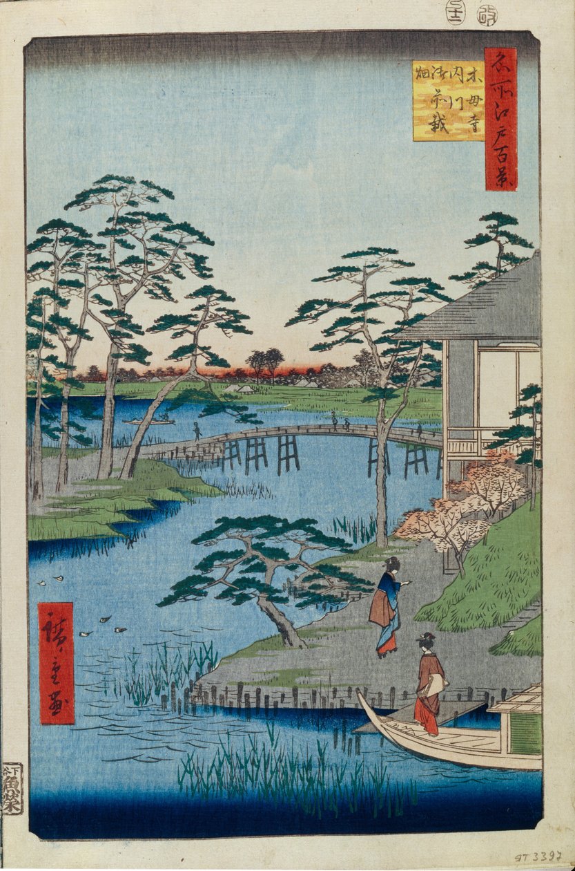 Świątynia Mokuboji i pola warzywne na wlocie Uchigawa Sto słynnych widoków Edo, 1856-1858 autorstwa Utagawa Hiroshige