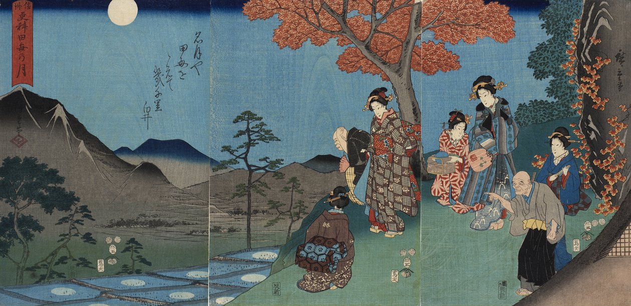 Księżyc odbity w polach ryżowych w Sarashinie w prowincji Shinano autorstwa Utagawa Hiroshige