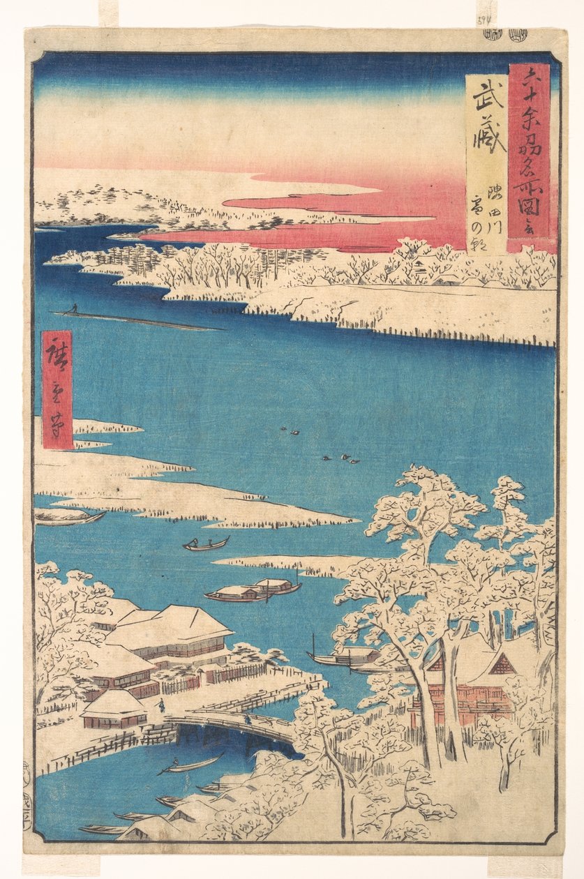 Poranek po opadach śniegu, rzeka Sumida, prowincja Musashi, z serii Widoki słynnych miejsc w ponad sześćdziesięciu prowincjach autorstwa Utagawa Hiroshige