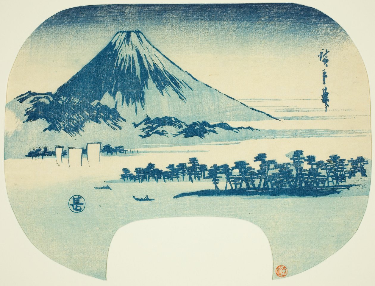 Góra Fuji wznosząca się za plażą Miho autorstwa Utagawa Hiroshige