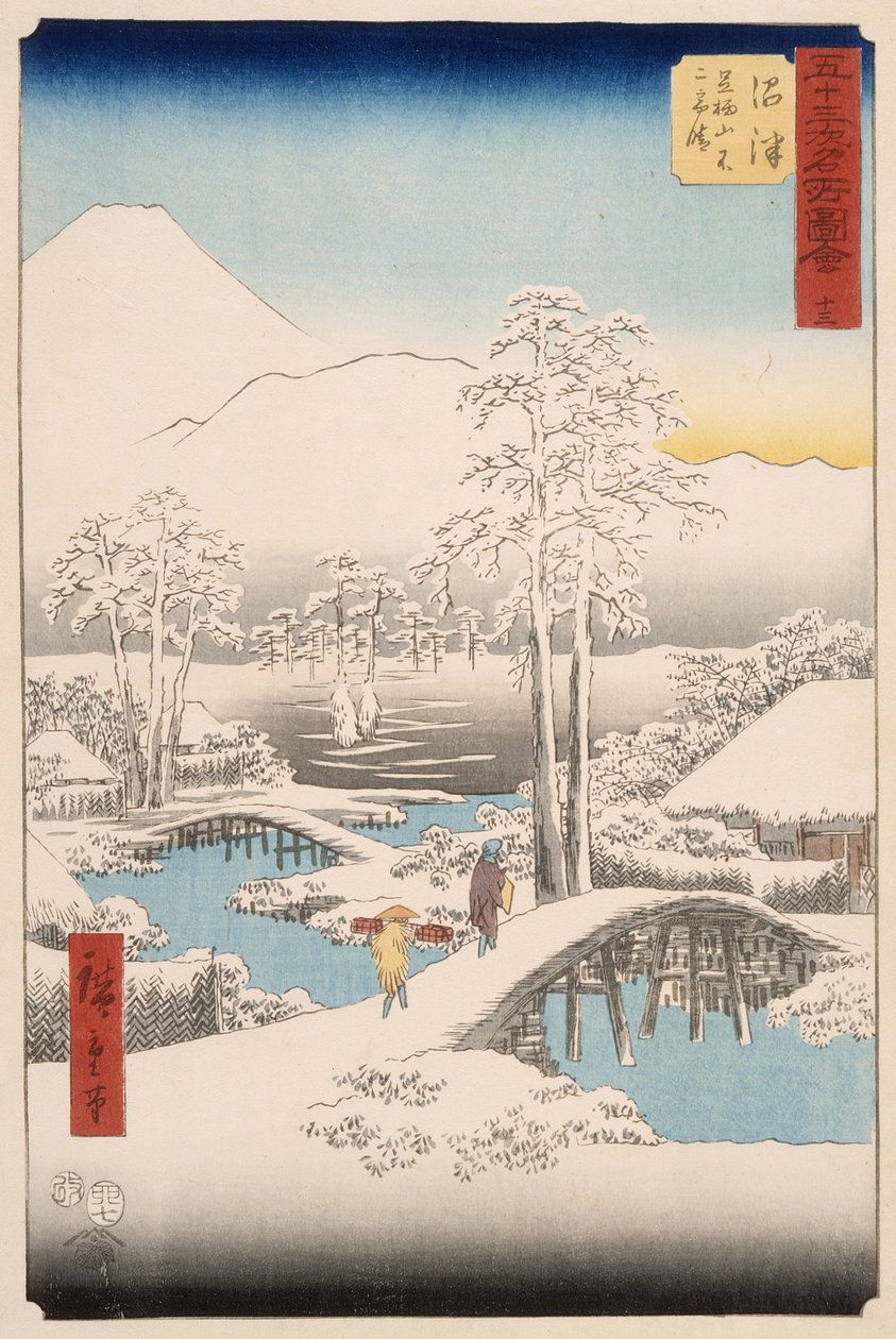 Góra Fuji i góra Ashigara widziane z Numazu przy dobrej pogodzie po opadach śniegu autorstwa Utagawa Hiroshige
