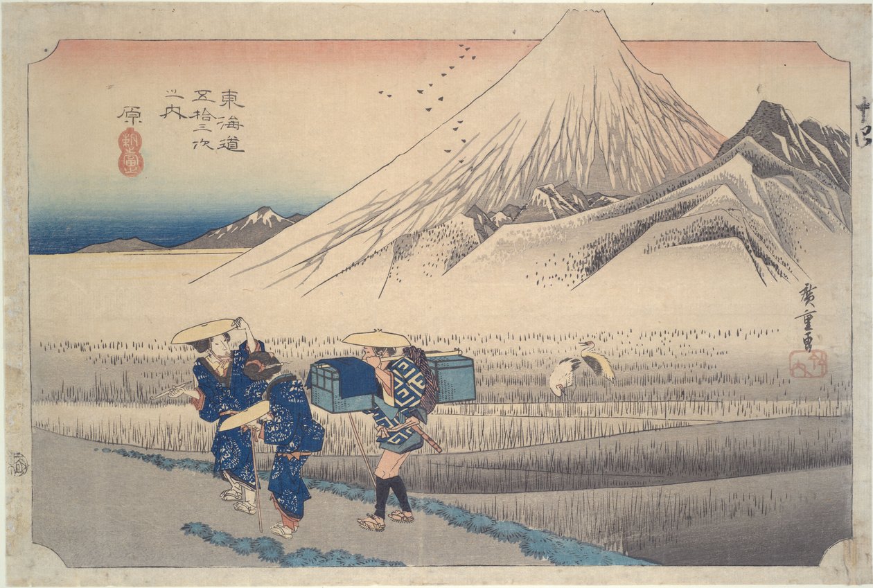 Góra Fuji o poranku widziana ze stacji Hara, z cyklu „Pięćdziesiąt trzy stacje Tōkaidō” autorstwa Utagawa Hiroshige