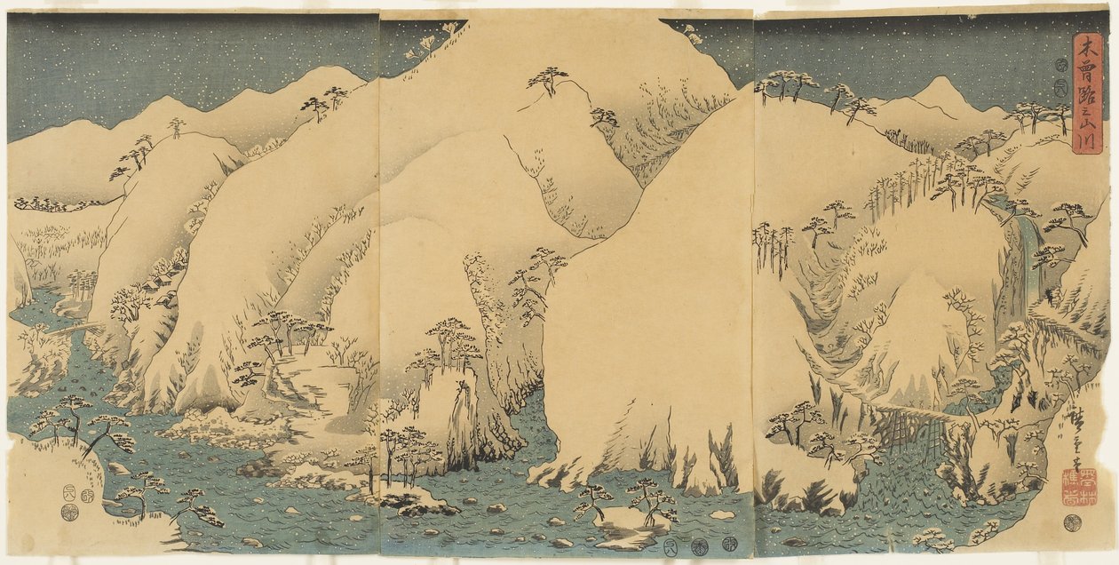 Góra i rzeka na przełęczy Kiso, sierpień 1857 autorstwa Utagawa Hiroshige