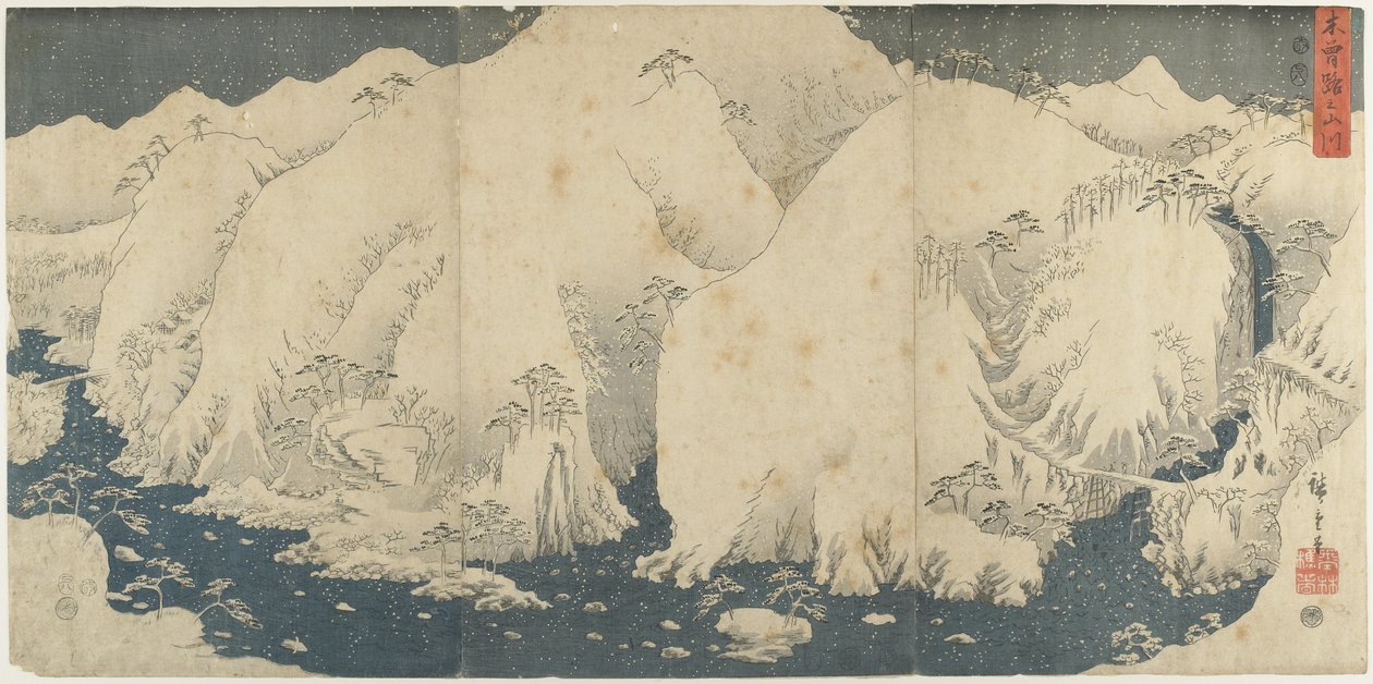 Góra i rzeka na przełęczy Kiso, sierpień 1857 autorstwa Utagawa Hiroshige