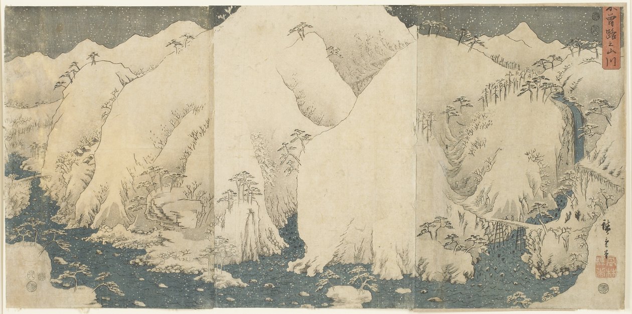 Góra i rzeka na przełęczy Kiso, sierpień 1857 autorstwa Utagawa Hiroshige