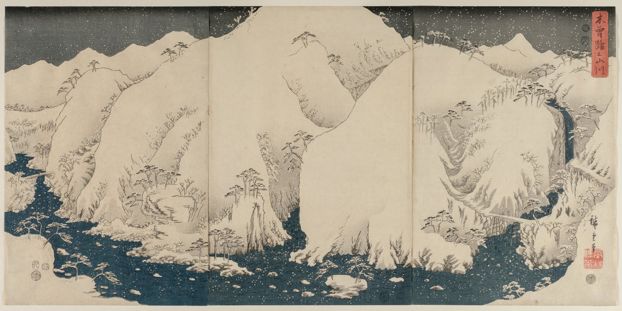 Góry i rzeka na drodze Kiso autorstwa Utagawa Hiroshige