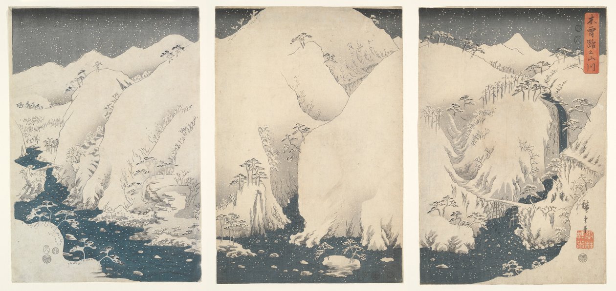 Góry i rzeki wzdłuż autostrady Kiso pod śniegiem autorstwa Utagawa Hiroshige