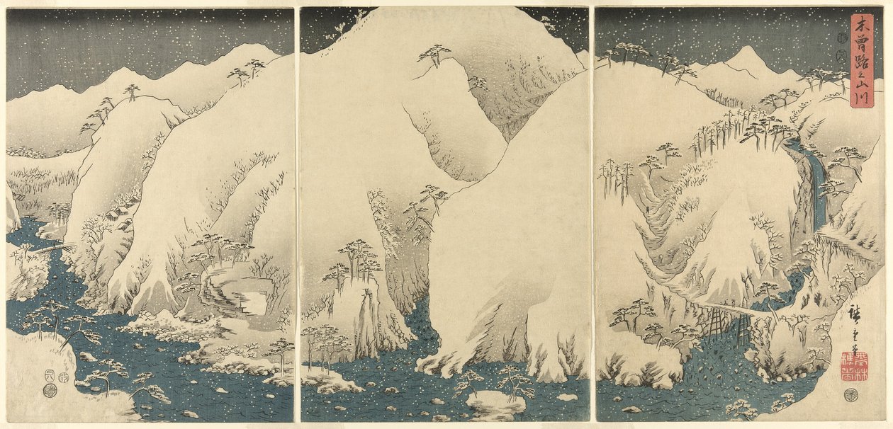 Góry i rzeki na drodze Kiso (Kisoji no yamakawa), z serii tryptyków bez tytułu autorstwa Utagawa Hiroshige